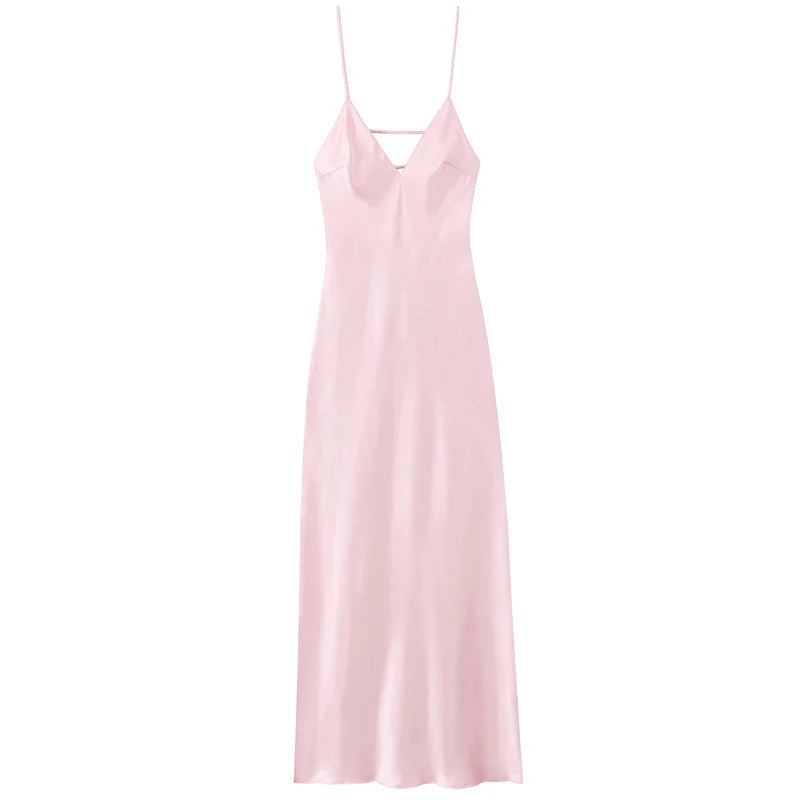 HXAO Gelbe Kleider Damen Satin V-Ausschnitt Midikleid Sommer Rückenfrei Träger Slipkleider Elegantes Abendpartykleid 2025 Vestidos