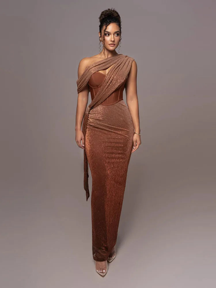 Sexy One-Shoulder Drapiertes Glitzer-Kleid Lang Damen Braun Korsett Glitzernd Rückenfrei Eng Anliegend Maxi-Kleider Abendgesellschaft Ballkleider