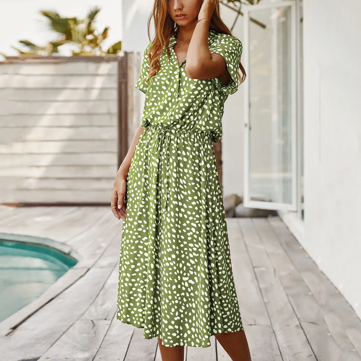 Sommerkleider Damen Sommer Tupfen Druck Kleider mit Knöpfen Kurzarm Tunnelzug Hohe Taille Kleid Vestidos 2023