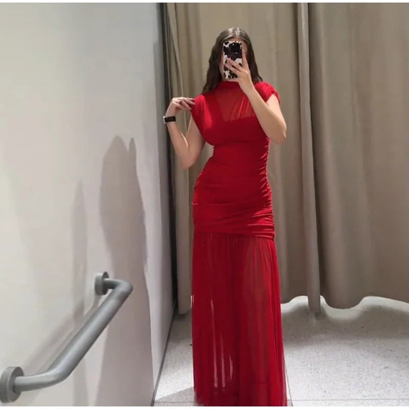 Rotes Mesh Durchsichtiges langes Kleid Damen Ärmellos Plissee Patchwork A-Linie Party Abendkleider 2025 Sommer Damen Schlanke Roben Neu