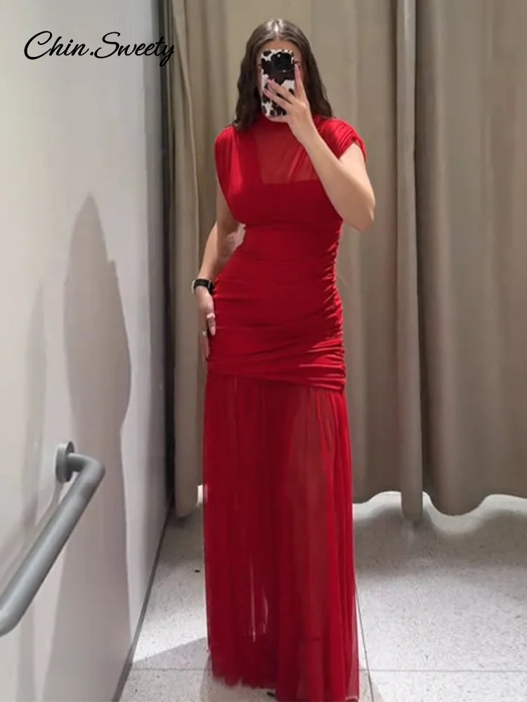 Rotes Mesh Durchsichtiges langes Kleid Damen Ärmellos Plissee Patchwork A-Linie Party Abendkleider 2025 Sommer Damen Schlanke Roben Neu