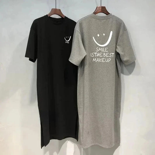 Damen Sommer Neues Kurzarm-T-Shirt-Kleid Lockeres knielanges Kleid