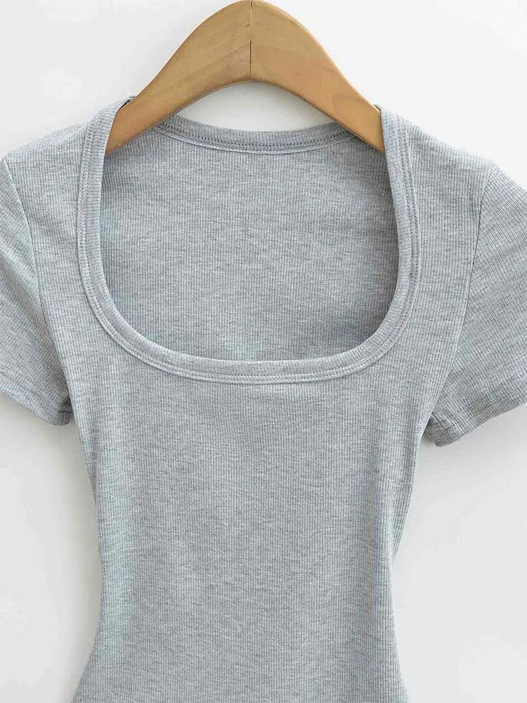 Damen Slim Fit Crop Top mit eckigem Ausschnitt, hochelastisch, Kurzarm-Pullover, sexy Sommer-Bluse, T-Shirt zum Unterziehen
