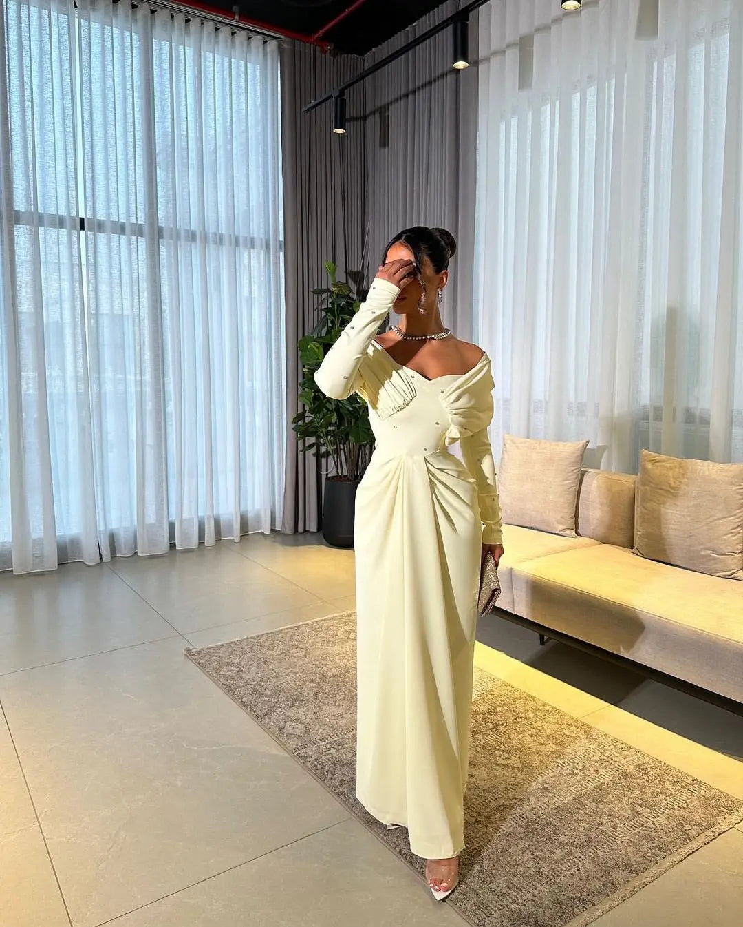 Customized Mermaid Off The Shoulder Prom Dresses Long Sleeves Pleated Beadings Floor Length Evening Dresses Party Dresses