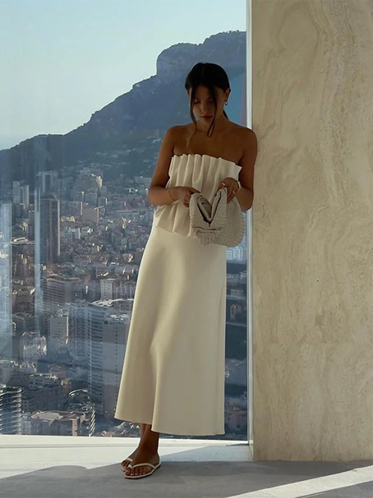 Weißes plissiertes trägerloses Kleid Einfarbig schulterfrei Tailliert Figurbetont Damen Strandurlaub Strand Elegante lange Kleider