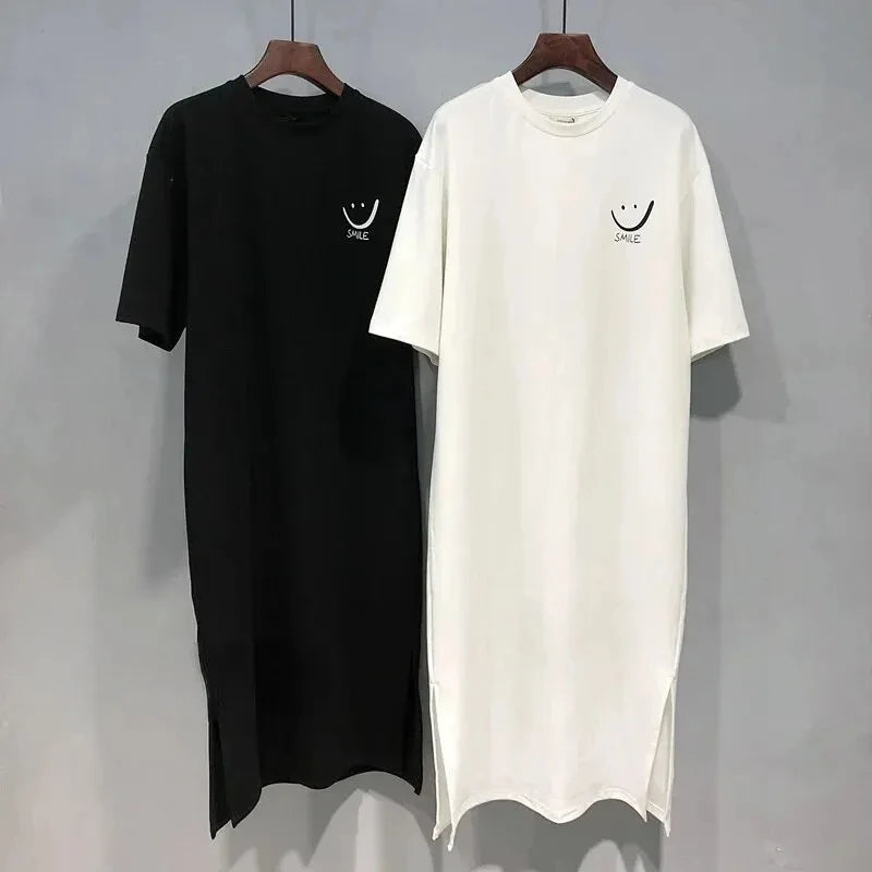Damen Sommer Neues Kurzarm-T-Shirt-Kleid Lockeres knielanges Kleid