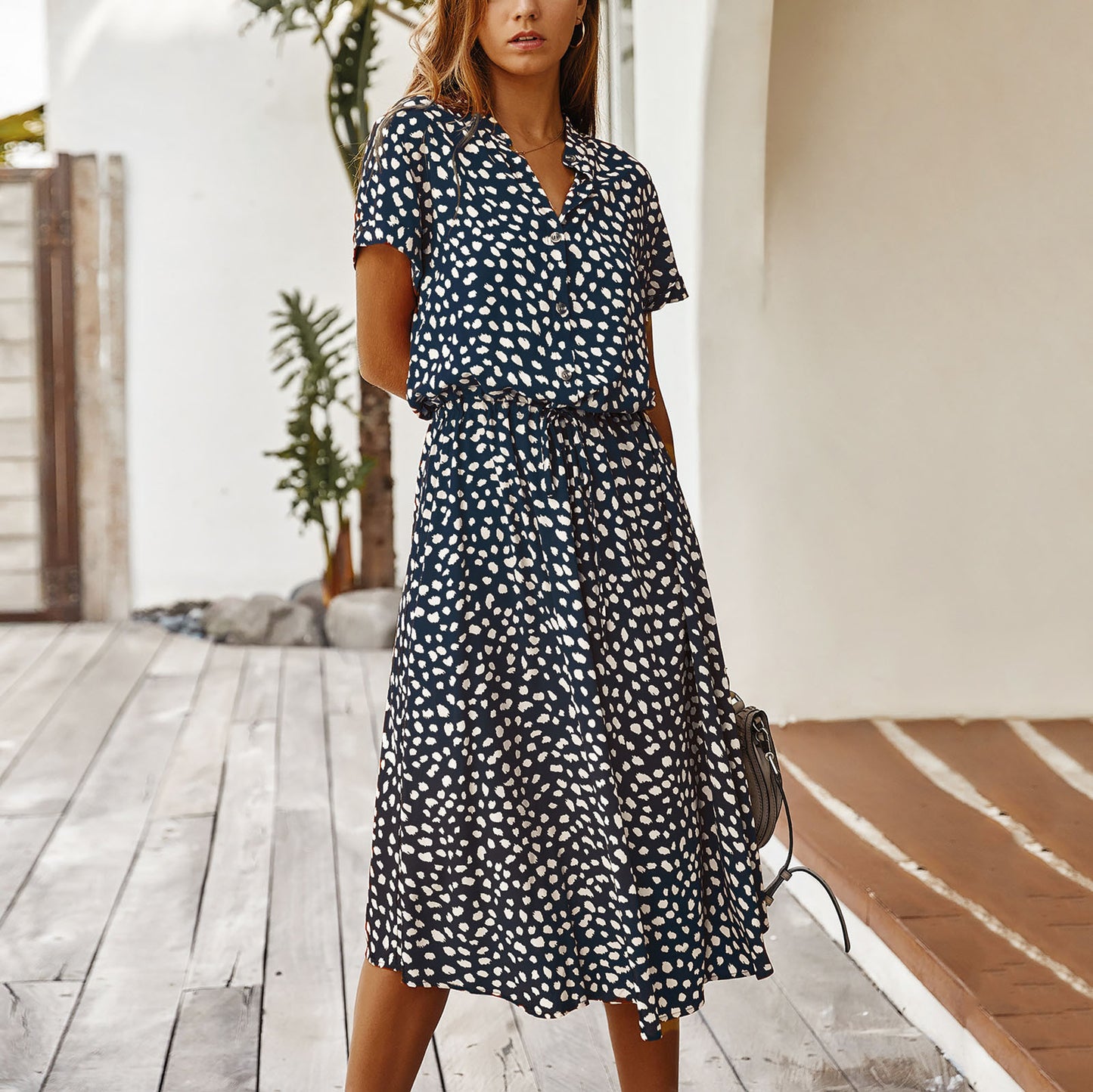 Sommerkleider Damen Sommer Tupfen Druck Kleider mit Knöpfen Kurzarm Tunnelzug Hohe Taille Kleid Vestidos 2023