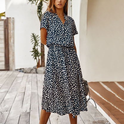 Sommerkleider Damen Sommer Tupfen Druck Kleider mit Knöpfen Kurzarm Tunnelzug Hohe Taille Kleid Vestidos 2023