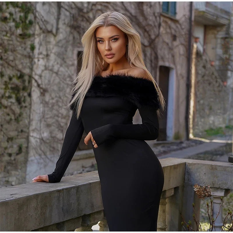 Sexy schulterfreies Kunstpelz-Patchwork-Kleid, Damen, trägerlos, lange Ärmel, tailliert, Bodycon-Kleider, Dame, Party, Abendkleid