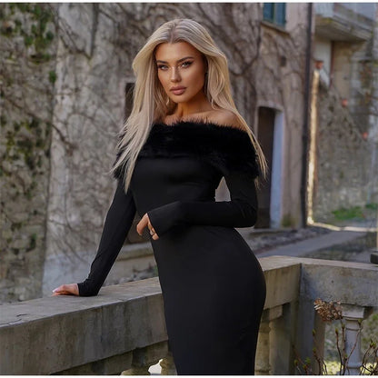 Sexy schulterfreies Kunstpelz-Patchwork-Kleid, Damen, trägerlos, lange Ärmel, tailliert, Bodycon-Kleider, Dame, Party, Abendkleid