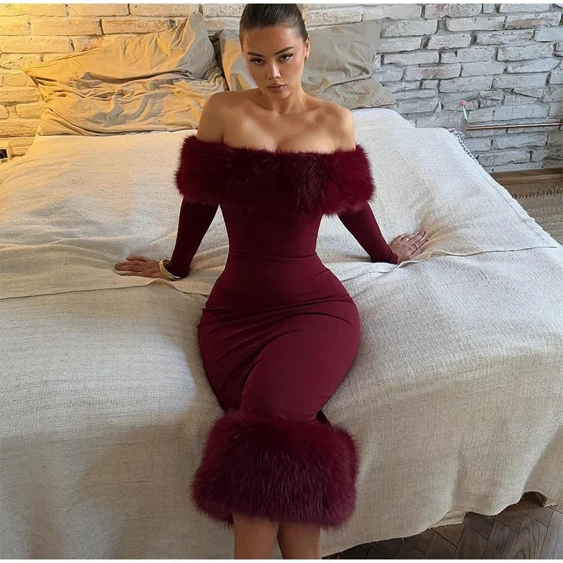Sexy schulterfreies Kunstpelz-Patchwork-Kleid, Damen, trägerlos, lange Ärmel, tailliert, Bodycon-Kleider, Dame, Party, Abendkleid