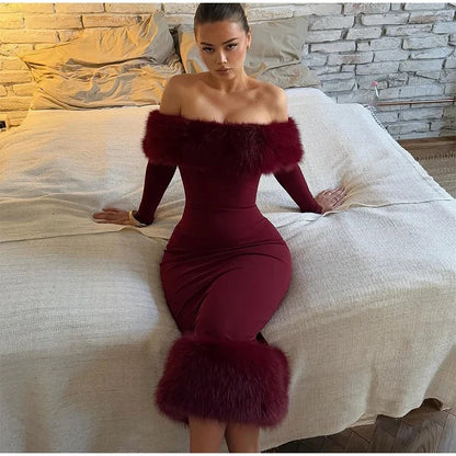 Sexy schulterfreies Kunstpelz-Patchwork-Kleid, Damen, trägerlos, lange Ärmel, tailliert, Bodycon-Kleider, Dame, Party, Abendkleid
