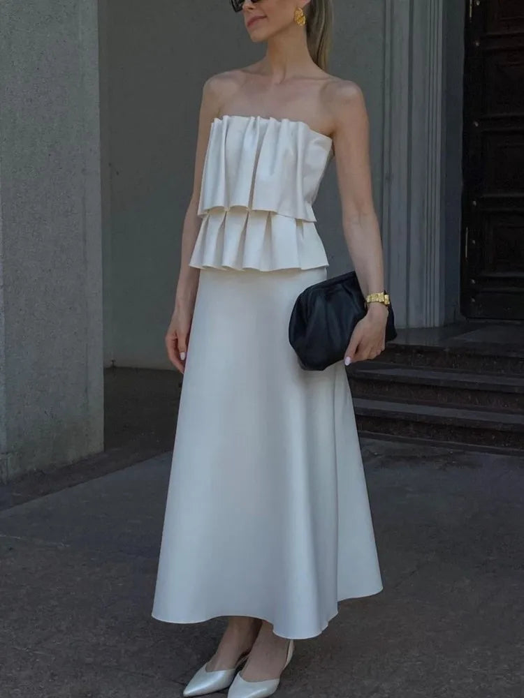 Weißes plissiertes trägerloses Kleid Einfarbig schulterfrei Tailliert Figurbetont Damen Strandurlaub Strand Elegante lange Kleider