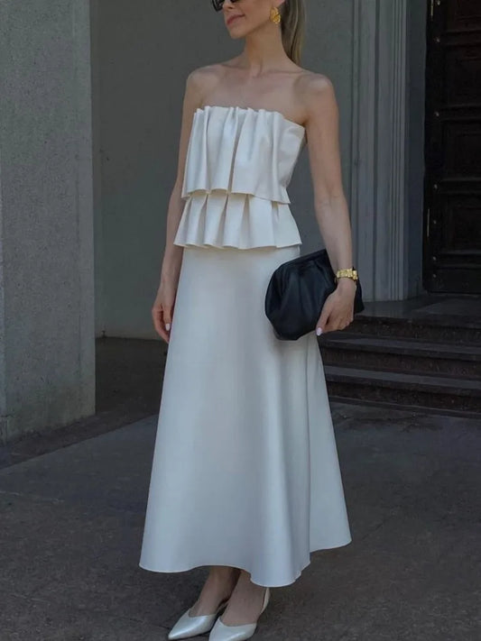 Weißes plissiertes trägerloses Kleid Einfarbig schulterfrei Tailliert Figurbetont Damen Strandurlaub Strand Elegante lange Kleider