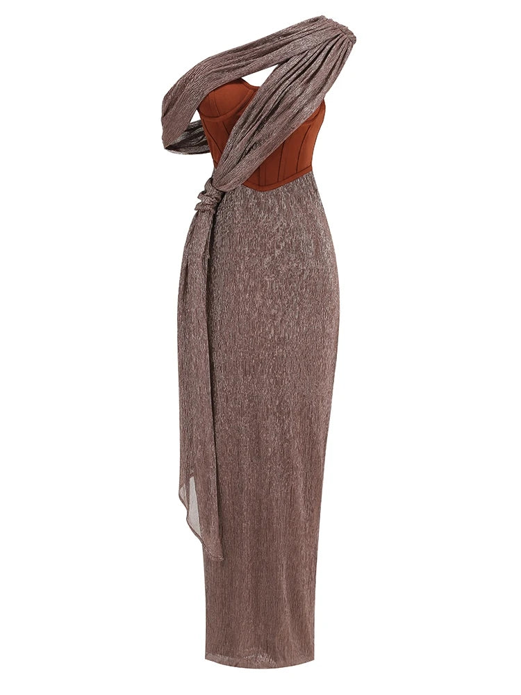 Sexy One-Shoulder Drapiertes Glitzer-Kleid Lang Damen Braun Korsett Glitzernd Rückenfrei Eng Anliegend Maxi-Kleider Abendgesellschaft Ballkleider