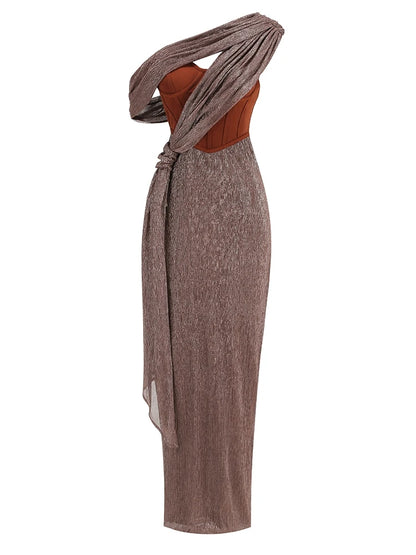 Sexy One-Shoulder Drapiertes Glitzer-Kleid Lang Damen Braun Korsett Glitzernd Rückenfrei Eng Anliegend Maxi-Kleider Abendgesellschaft Ballkleider