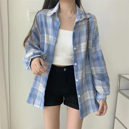 Kariertes Hemd Damen Mode Herbst Langarm Top Weiblich Vintage Einreiher Bluse Damen Preppy Style Lose Karohemden
