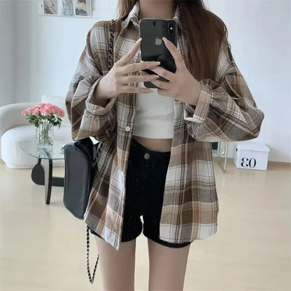 Kariertes Hemd Damen Mode Herbst Langarm Top Weiblich Vintage Einreiher Bluse Damen Preppy Style Lose Karohemden