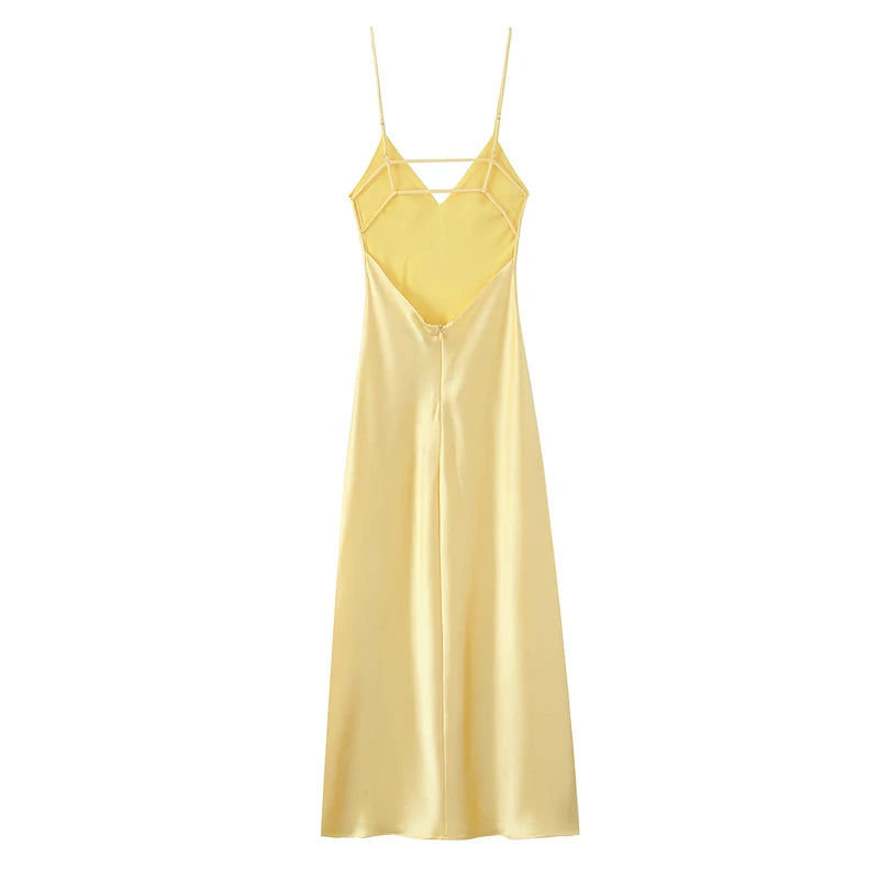 HXAO Gelbe Kleider Damen Satin V-Ausschnitt Midikleid Sommer Rückenfrei Träger Slipkleider Elegantes Abendpartykleid 2025 Vestidos