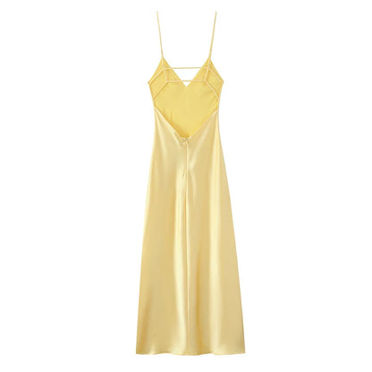 HXAO Gelbe Kleider Damen Satin V-Ausschnitt Midikleid Sommer Rückenfrei Träger Slipkleider Elegantes Abendpartykleid 2025 Vestidos