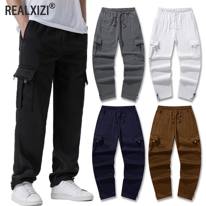 Herren-Sweatpants mit mehreren Taschen, Herbst-Winter, Kordelzug, gerader Schnitt, Lauf-Jogger, Sport-Fitnesshose, lose Herrenhose