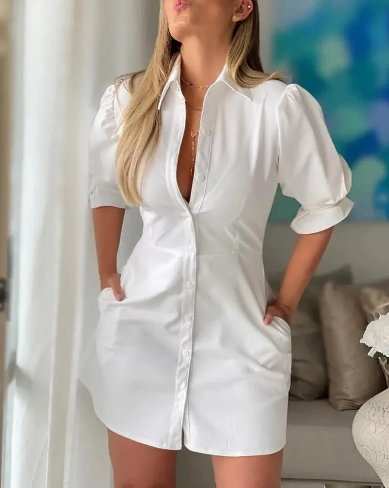 Sommer-Fashion Weißes Hemd-Minikleid mit Umlegekragen Elegante Damen Freizeit Laternenärmel Knopfleiste Tasche Hohe Taille Slim Kleider