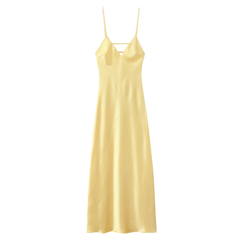 HXAO Gelbe Kleider Damen Satin V-Ausschnitt Midikleid Sommer Rückenfrei Träger Slipkleider Elegantes Abendpartykleid 2025 Vestidos