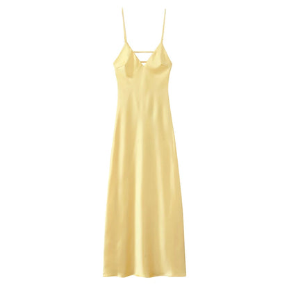 HXAO Gelbe Kleider Damen Satin V-Ausschnitt Midikleid Sommer Rückenfrei Träger Slipkleider Elegantes Abendpartykleid 2025 Vestidos