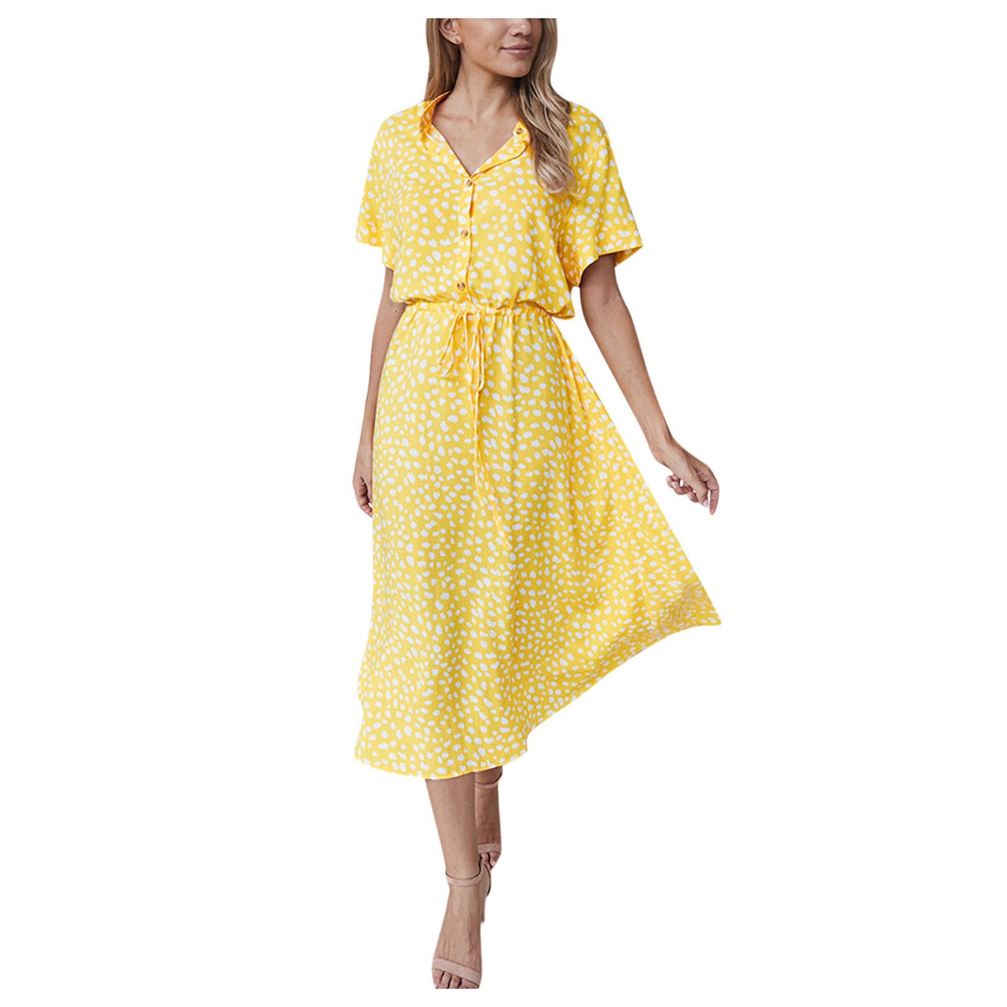 Sommerkleider Damen Sommer Tupfen Druck Kleider mit Knöpfen Kurzarm Tunnelzug Hohe Taille Kleid Vestidos 2023