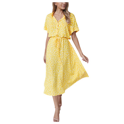Sommerkleider Damen Sommer Tupfen Druck Kleider mit Knöpfen Kurzarm Tunnelzug Hohe Taille Kleid Vestidos 2023