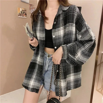Kariertes Hemd Damen Mode Herbst Langarm Top Weiblich Vintage Einreiher Bluse Damen Preppy Style Lose Karohemden