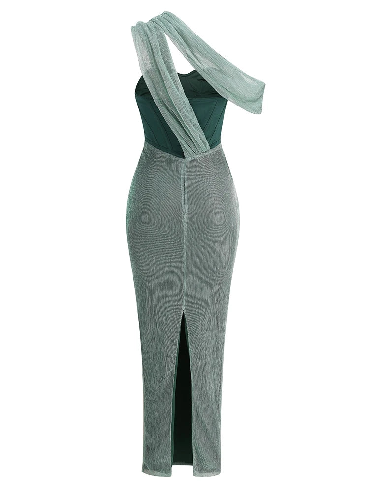 Sexy One-Shoulder Drapiertes Glitzer-Kleid Lang Damen Braun Korsett Glitzernd Rückenfrei Eng Anliegend Maxi-Kleider Abendgesellschaft Ballkleider