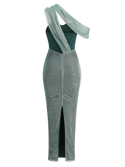Sexy One-Shoulder Drapiertes Glitzer-Kleid Lang Damen Braun Korsett Glitzernd Rückenfrei Eng Anliegend Maxi-Kleider Abendgesellschaft Ballkleider