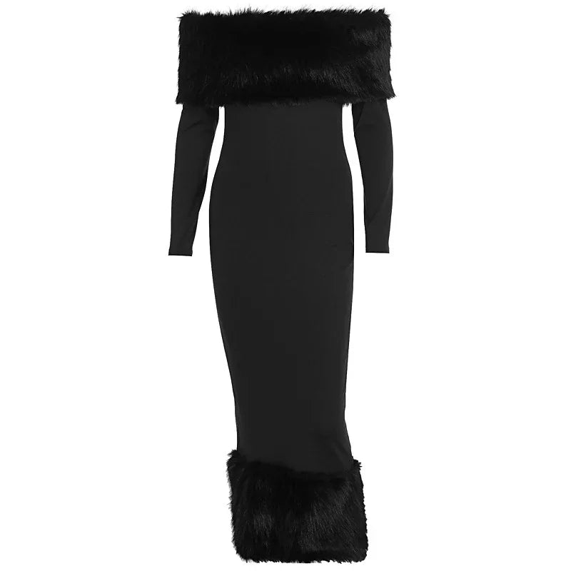 Sexy schulterfreies Kunstpelz-Patchwork-Kleid, Damen, trägerlos, lange Ärmel, tailliert, Bodycon-Kleider, Dame, Party, Abendkleid