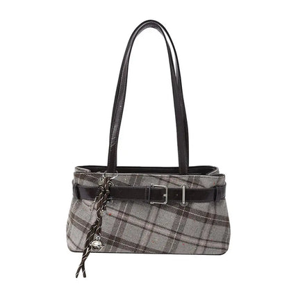 Fashion Karierte Umhängetasche mit Anhänger für Damen Retro Kleine Tragetasche Vielseitige und lässige Handtasche für Pendler