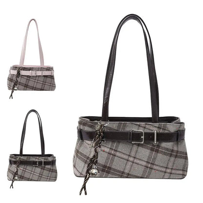 Fashion Karierte Umhängetasche mit Anhänger für Damen Retro Kleine Tragetasche Vielseitige und lässige Handtasche für Pendler