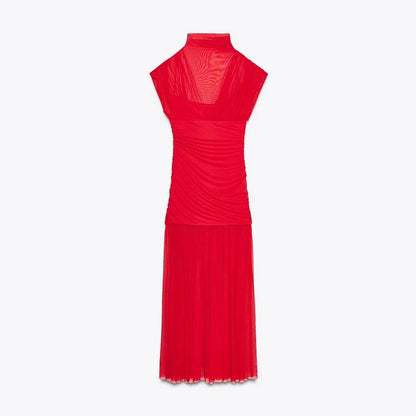 Rotes Mesh Durchsichtiges langes Kleid Damen Ärmellos Plissee Patchwork A-Linie Party Abendkleider 2025 Sommer Damen Schlanke Roben Neu