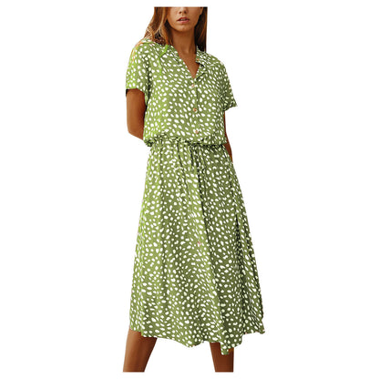 Sommerkleider Damen Sommer Tupfen Druck Kleider mit Knöpfen Kurzarm Tunnelzug Hohe Taille Kleid Vestidos 2023
