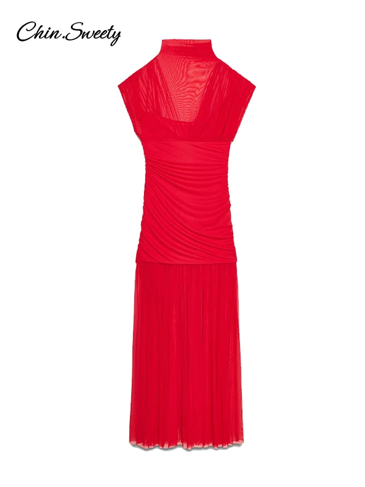 Rotes Mesh Durchsichtiges langes Kleid Damen Ärmellos Plissee Patchwork A-Linie Party Abendkleider 2025 Sommer Damen Schlanke Roben Neu