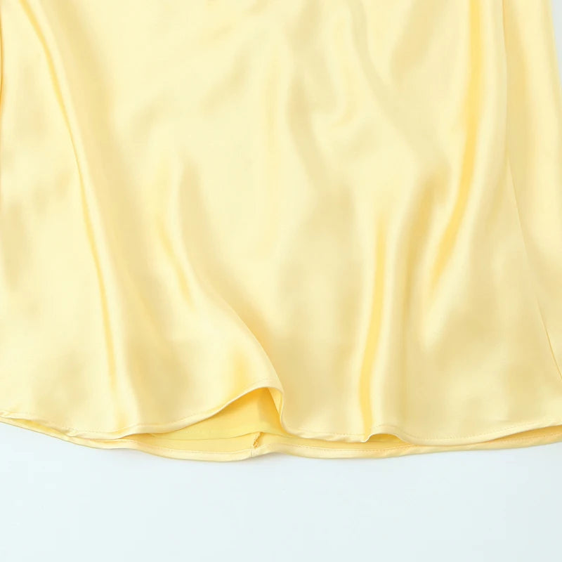 HXAO Gelbe Kleider Damen Satin V-Ausschnitt Midikleid Sommer Rückenfrei Träger Slipkleider Elegantes Abendpartykleid 2025 Vestidos