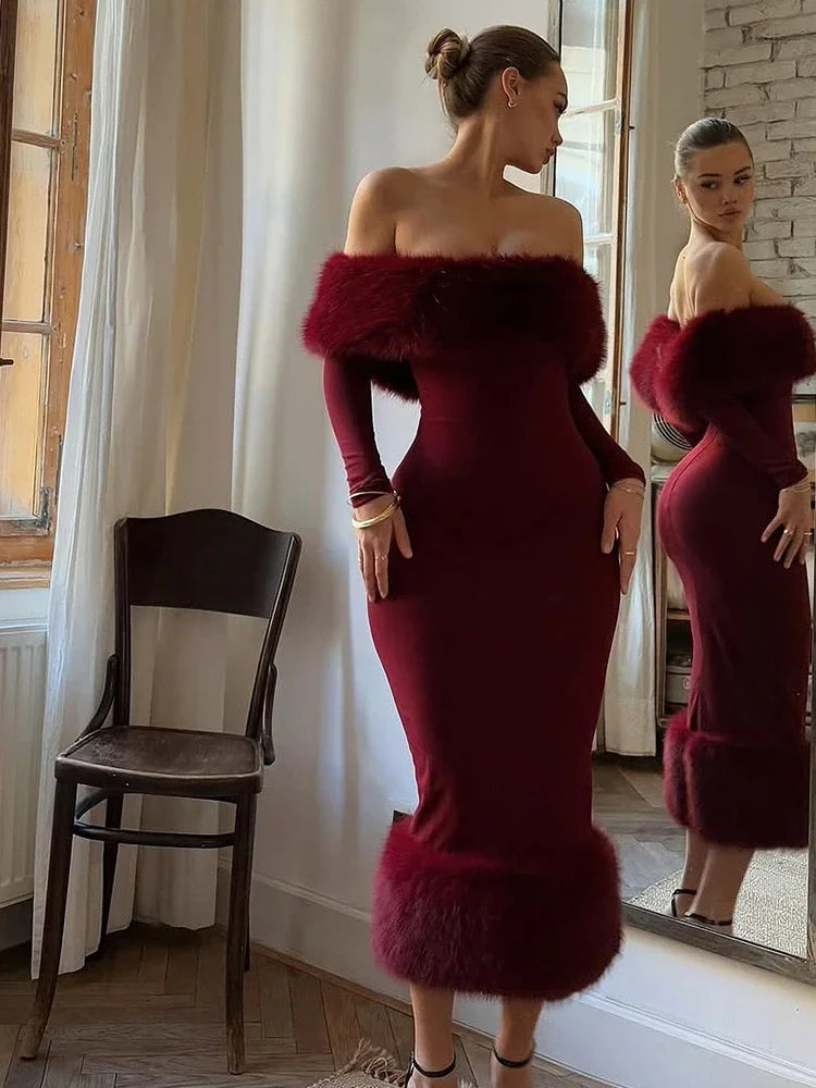 Sexy schulterfreies Kunstpelz-Patchwork-Kleid, Damen, trägerlos, lange Ärmel, tailliert, Bodycon-Kleider, Dame, Party, Abendkleid