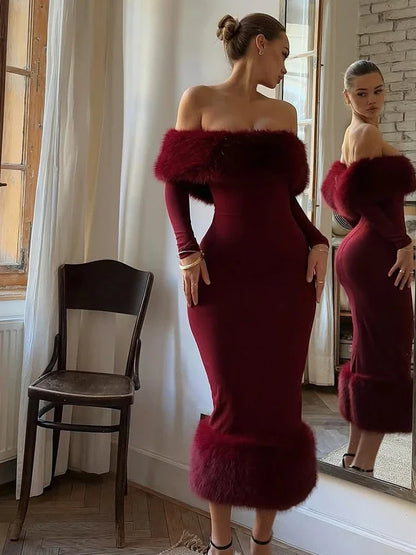 Sexy schulterfreies Kunstpelz-Patchwork-Kleid, Damen, trägerlos, lange Ärmel, tailliert, Bodycon-Kleider, Dame, Party, Abendkleid