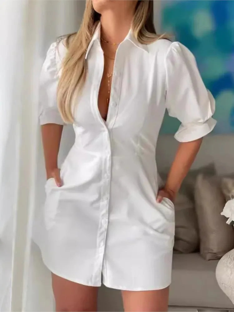 Sommer-Fashion Weißes Hemd-Minikleid mit Umlegekragen Elegante Damen Freizeit Laternenärmel Knopfleiste Tasche Hohe Taille Slim Kleider