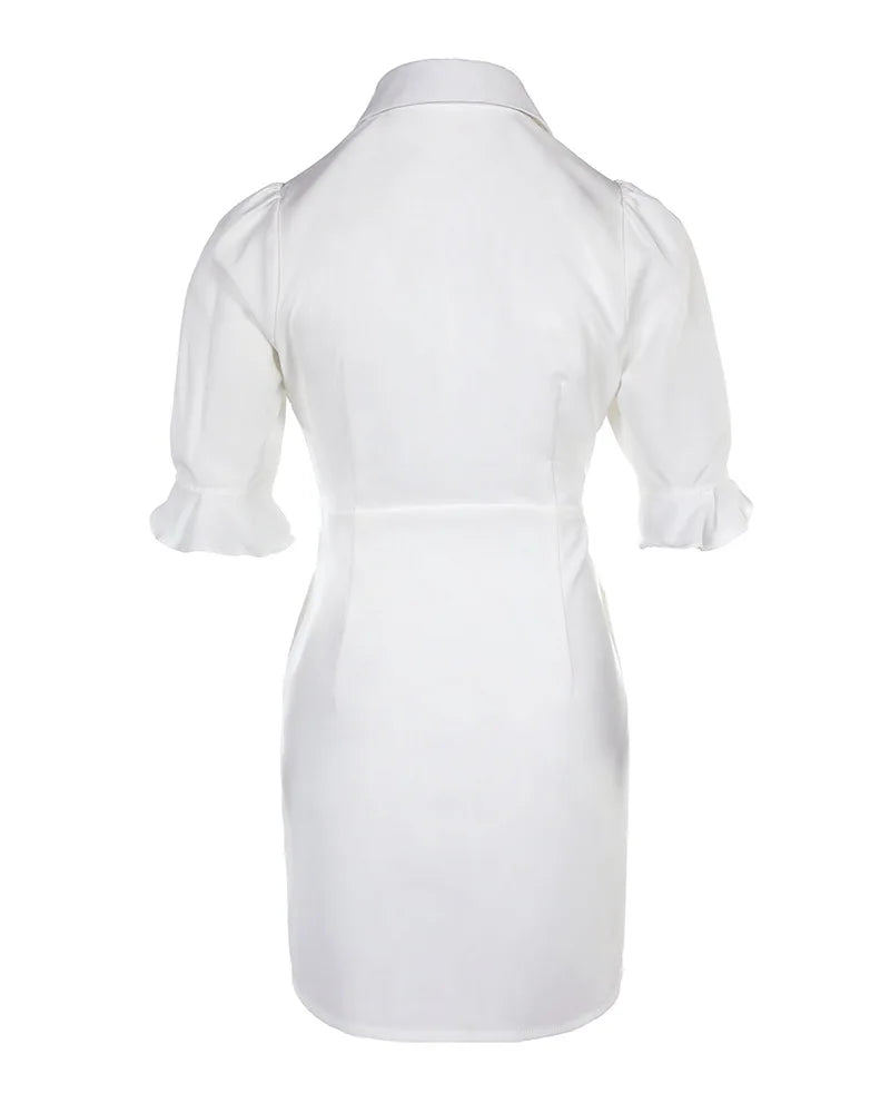 Sommer-Fashion Weißes Hemd-Minikleid mit Umlegekragen Elegante Damen Freizeit Laternenärmel Knopfleiste Tasche Hohe Taille Slim Kleider