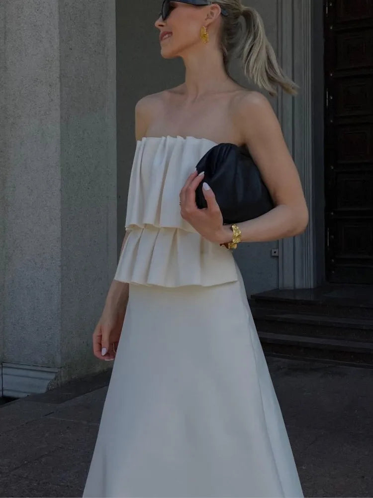 Weißes plissiertes trägerloses Kleid Einfarbig schulterfrei Tailliert Figurbetont Damen Strandurlaub Strand Elegante lange Kleider