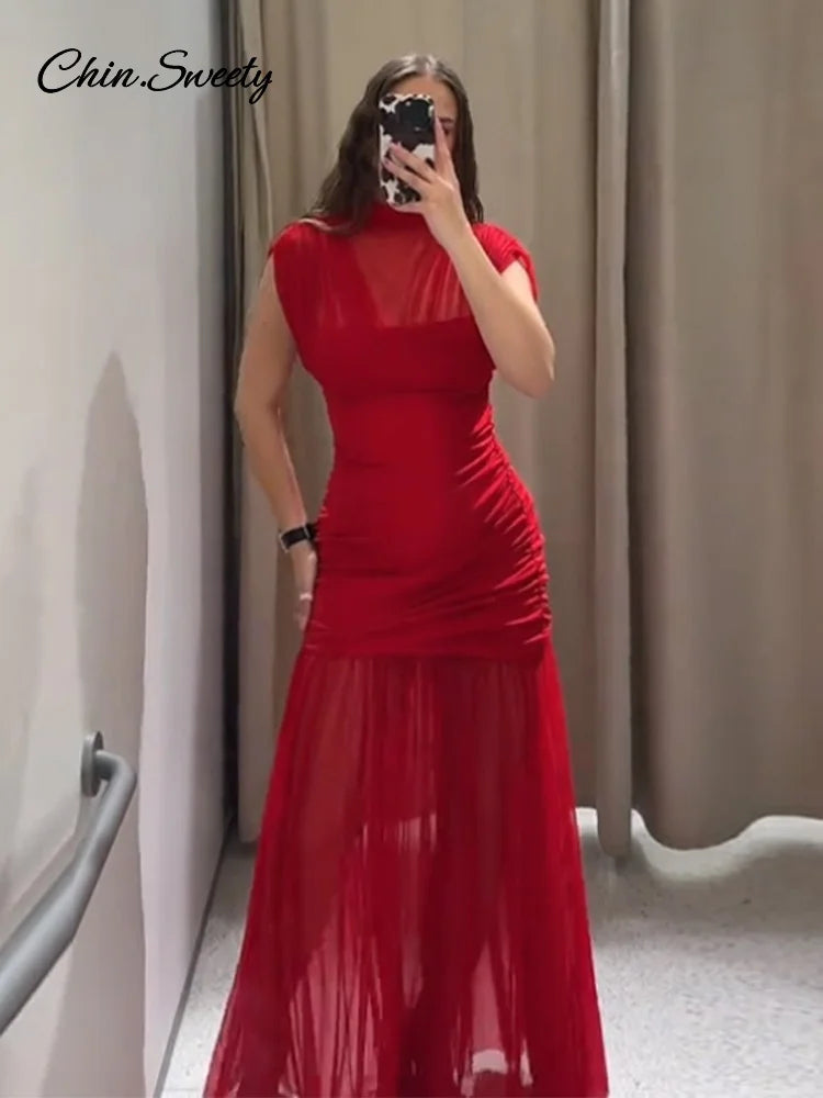 Rotes Mesh Durchsichtiges langes Kleid Damen Ärmellos Plissee Patchwork A-Linie Party Abendkleider 2025 Sommer Damen Schlanke Roben Neu