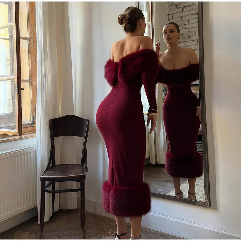 Sexy schulterfreies Kunstpelz-Patchwork-Kleid, Damen, trägerlos, lange Ärmel, tailliert, Bodycon-Kleider, Dame, Party, Abendkleid