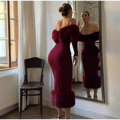 Sexy schulterfreies Kunstpelz-Patchwork-Kleid, Damen, trägerlos, lange Ärmel, tailliert, Bodycon-Kleider, Dame, Party, Abendkleid