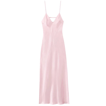 HXAO Gelbe Kleider Damen Satin V-Ausschnitt Midikleid Sommer Rückenfrei Träger Slipkleider Elegantes Abendpartykleid 2025 Vestidos