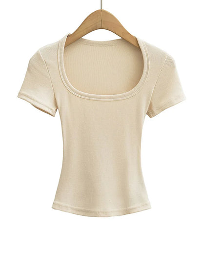 Damen Slim Fit Crop Top mit eckigem Ausschnitt, hochelastisch, Kurzarm-Pullover, sexy Sommer-Bluse, T-Shirt zum Unterziehen